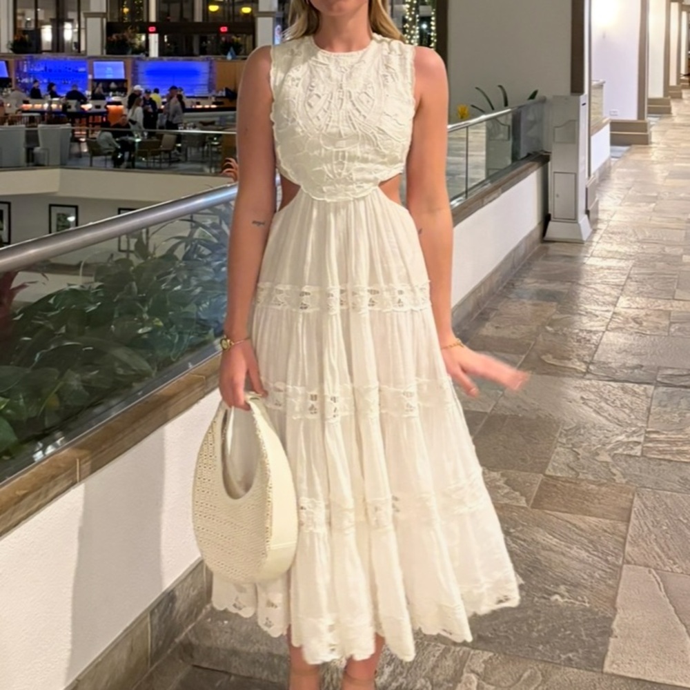 Zimmermann White Linen A-Line Cut Out Dress With Scalloped Crew Neck